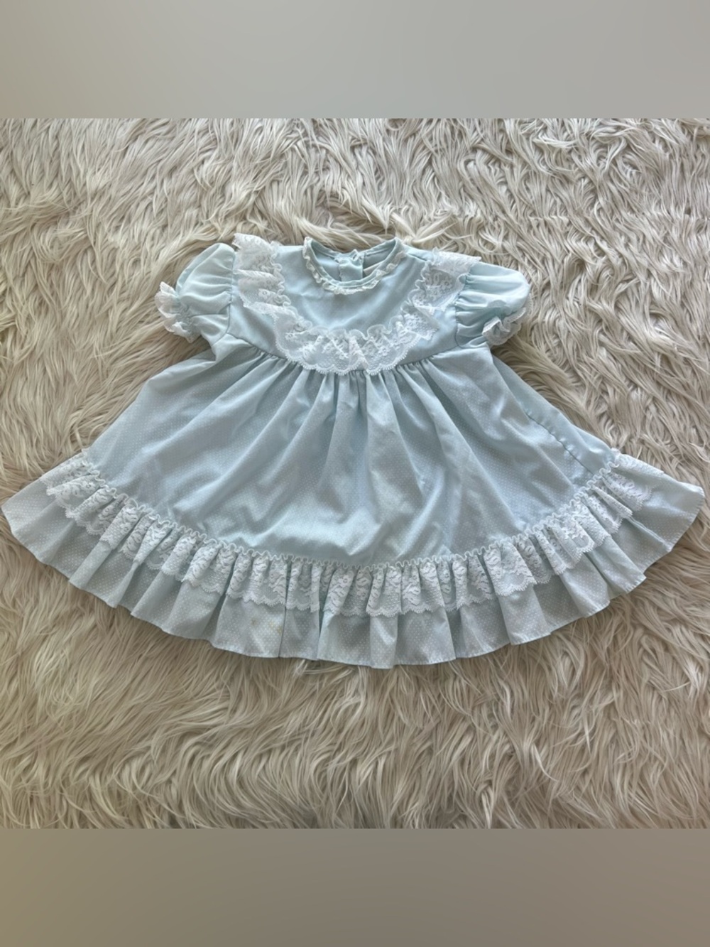 Vintage 80s Bryan Baby Girl Blue Dotted Swiss Dress Lace Ruffle Size 24 Months